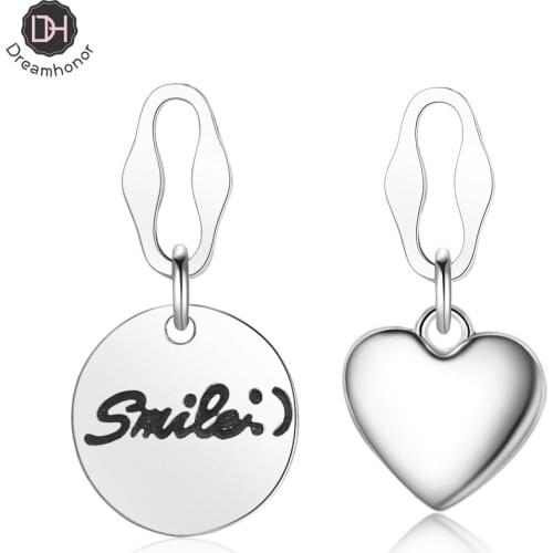 Fashion Women 925 Sterling Silver Asymmetric Love Retro Earrings Female Smile Round Disc Stud Earrings Jewelry Gifts
