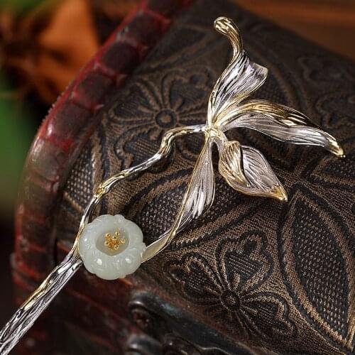 925 Sterling Silver Hair Sticks Butterfly Chinese Jade Hair Stick Hanfu Accessory For Women Jewelry Luxury Gold Plated Hairpins