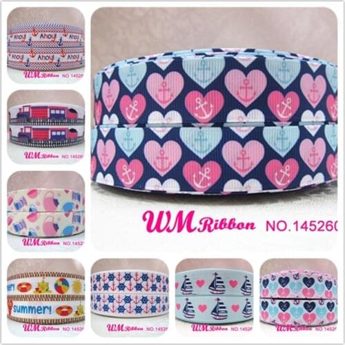 Q&N ribbon 7/8inch 22mm anchor and heart webbing printed grosgrain ribbon 50yards/roll for headband hair tie free shipping