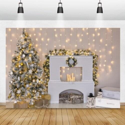 Christmas Background For Photography Shiny Light Bulbs Fireplace Christmas Tree Family Shoot Party Photo Backdrop Photocall Prop