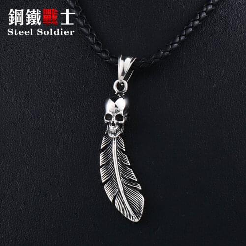 Steel soldier special deal skull feathers pendant stainless steel necklace chain jewelry accessories for women 2018