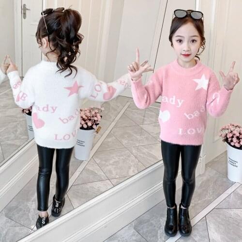 Girls Sweater Kids Coat Outwear 2021 Cute White Pink Plus Velvet Thicken Warm Winter Tops Cotton Pullover Childrens Clothing