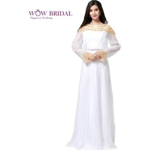 Wowbridal Graceful White Evening Dress 2021 Crystal Beaded Boat Neck Full Sleeve Taffeta Long A-Line Ruched Muslim Event Dress