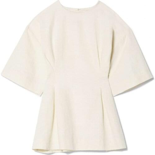 Women Shirt Waist-stitched Cotton and Linen-blend Top