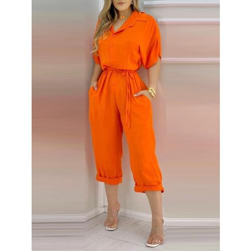 Button Front Pocket Design Short Sleeve Jumpsuit Women