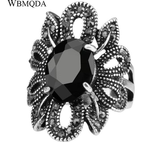 Bohemian Punk Gothic Ring Women Black Stone Mosaic Crystal Rings Silver Color Hollow Flower Accessories Vintage Tibetan Jewelry