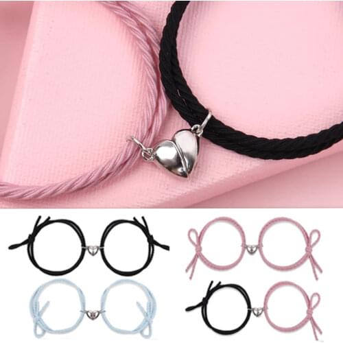 2pcs Couples Magnetic Bracelet Stainless Steel Love Heart Pendant Charm Couple Bracelets For Lover Friend Braid Rope Bracelets