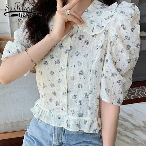 2021 Blusas Vintage Cute Florals Loose Tops High Waist Light Femme Casual Clothes Printed Elegance Sweet Hot Girls Shirts 14792