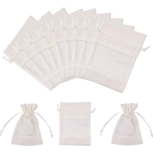 50pc Cotton Packing Pouches Burlap Drawstring Bag with Organza Ribbon Jewelry Packaging Bags Wedding Favor Gift Bag Creamy White