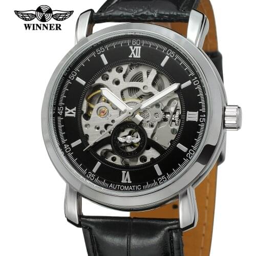 Fashion WINNER Brand Classic Dress Men Automatic Mechanical Watch Black Gold Rome Skeleton Leather Luxury Wristwatches Male Gift