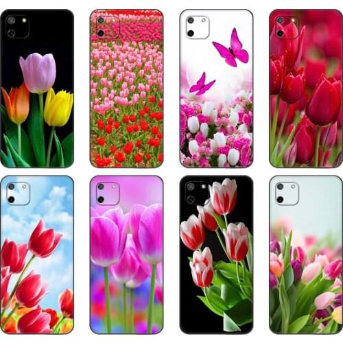 Black tpu Case For OPPO Realme C11 C20 C21 Case Back Cover Bumper Spring Tulips Flower
