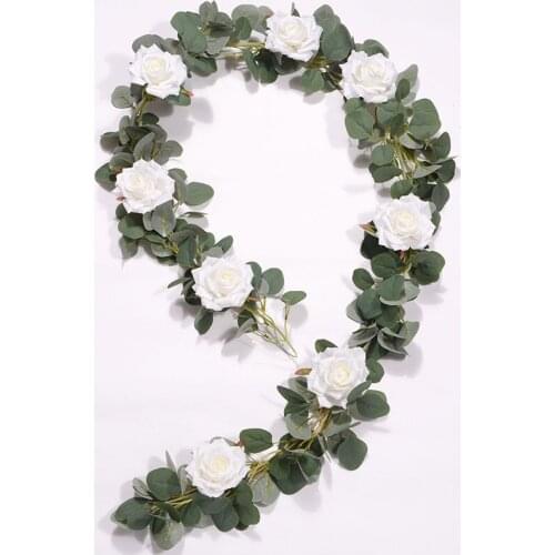 2m Cross-Border Eucalyptus Leaf Vine Artificial Plant with Fabric Rose Garland for Home Garden Arch Wedding Table Decoration