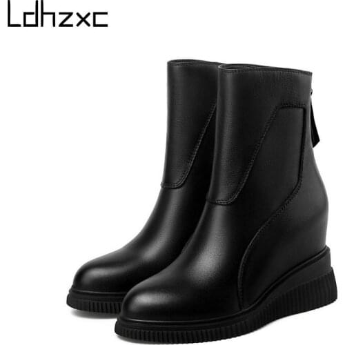 LDHZXC Classic Design Women Winter Boots Zipper Genuine Leather Platform Thick Heels Pumps Party Working Shoes Woman