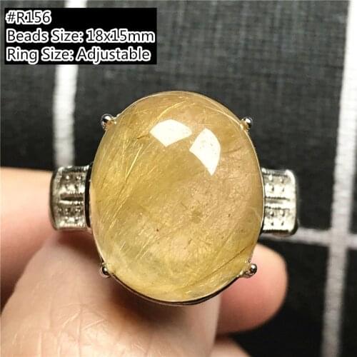18mm Top Natural Gold Rutilated Quartz Ring For Woman Man Crystal Wealthy Beads Silver Gemstone Adjustable Ring Jewelry AAAAA