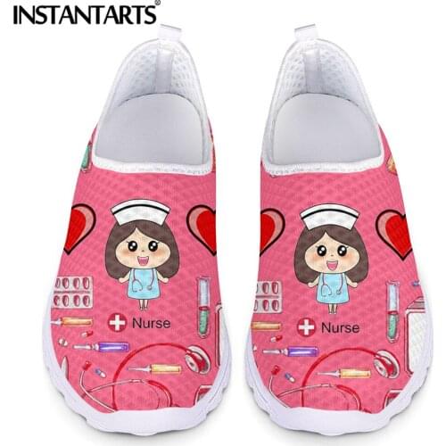 INSTANTARTS Lovely Cartoon Round Face Nurse With Medical Supplies Pattern Girls Slip-on Flat Shoes Breathable Air Mesh Sneakers