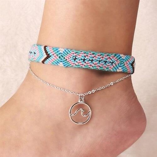 Layered Pendant Chain Ankle Bracelet On Leg Foot Jewelry Boho Charm Anklets Woven Anklet for Women Accessories
