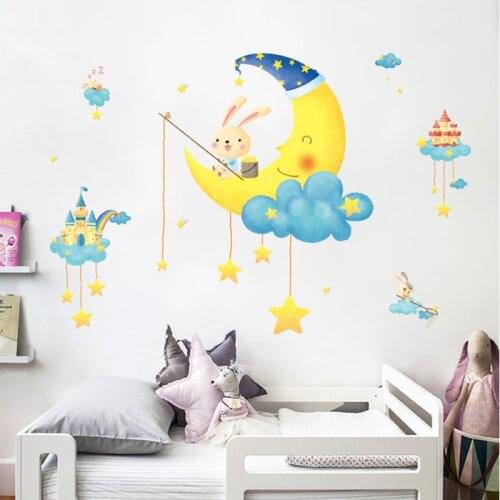 Cartoon Happy Rabbit on the Moon Wall Stickers for Living Room Kids Room Home Decoration Wall Decal Home Decor Baby Nursery PVC