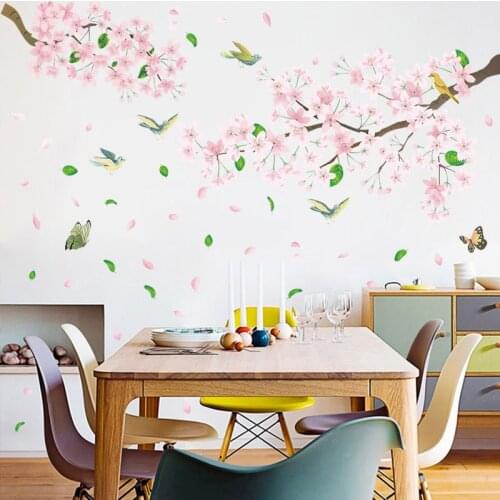 3D Wallpaper Pink Branches Flower and Bird Wall Stickers Fo'r Living Room Bedroom Study Background Romantic Art Mural 45*60cm