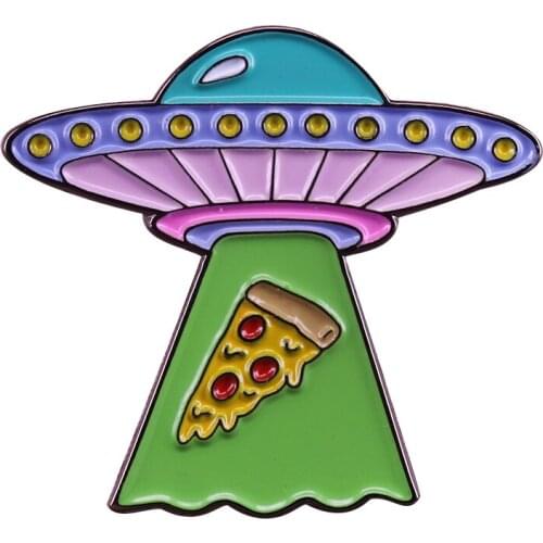 UFO abducting pizza brooch alien space pin bright pastel foodie badge funny astronomy geek collection