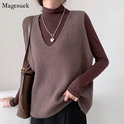 Autumn Loose Pullover Women Sweater Vest Korean Sleeveless Casual V Neck Knitted Sweaters Woman Black Vest Winter Clothing 15991