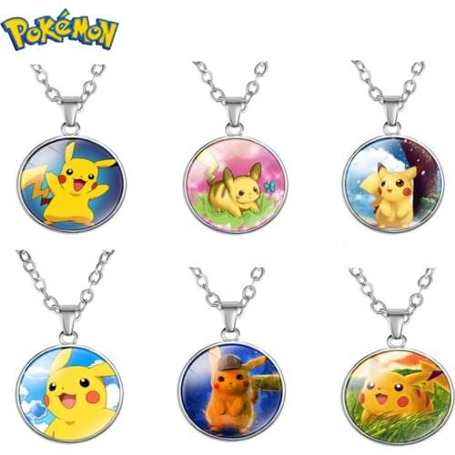 Pokemon Pikachu Time Gemstone Glass Pendant Necklace Cartoon Anime Character Cute Style Jewelry Chain Necklace Birthday Gift
