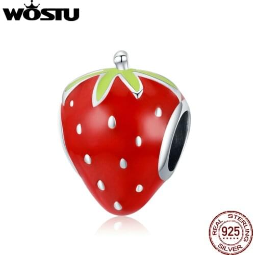 WOSTU 925 Sterling Silver Charm Cute Strawberry Bead Fruit Pendant Fit Original Bracelet Necklace DIY Jewelry CQC1839