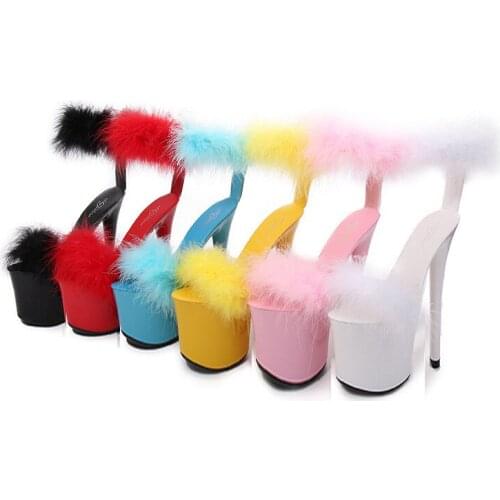 2020 Summer Walking Show Artifact Model mink hair high-heeled Shoe Sandals Thin-heeled 20cm Sexy Platform super high-heeled Shoe