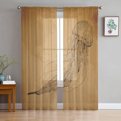 Vintage World Map Jellyfish Sheer Curtains for Living Room Bedroom Kitchen Chiffon Tulle Curtains Home Hotel Coffee Decor