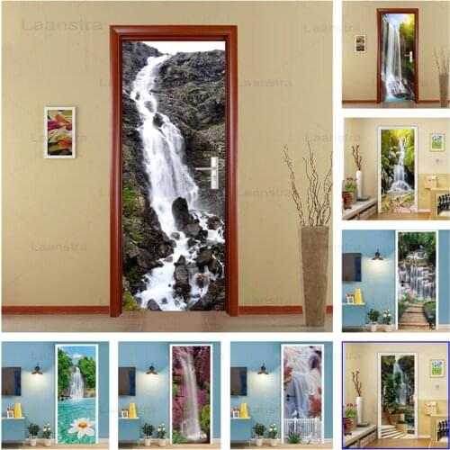 Waterfall Scenery Door Stickers Home Decoration Mountain Bedroom Living Room Decoration Door Decals Trees Waterproof 2 Pieces