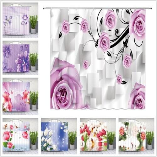 Purple Flower Shower Curtains Colorful Butterfly Floral Plant Tulip Lily Lotus Koi Bathroom Decor Polyester Cloth Curtain Set