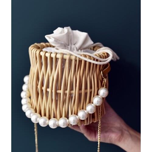 Beading Chain Summer Small Straw Shoulder Bags For Women Rattan Weave Travel Beach Bucket Bag Womens Fashion Crossbody Handbags