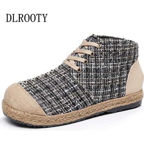 Women Flats Canvas Hemp National Style Autumn Female Casual Shoes Woman Fashion Platform Round Toe Lace Up Comfortable