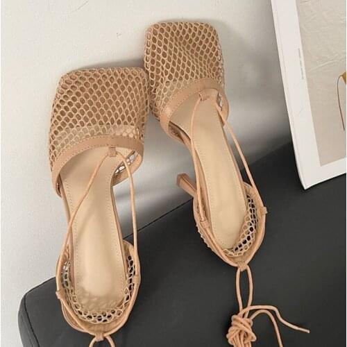 2021 Women Autumn Mesh Casual Pumps sandals Female Square Toe high heel Lace Up Cross-tied Stiletto hollow Female Dress de mujer
