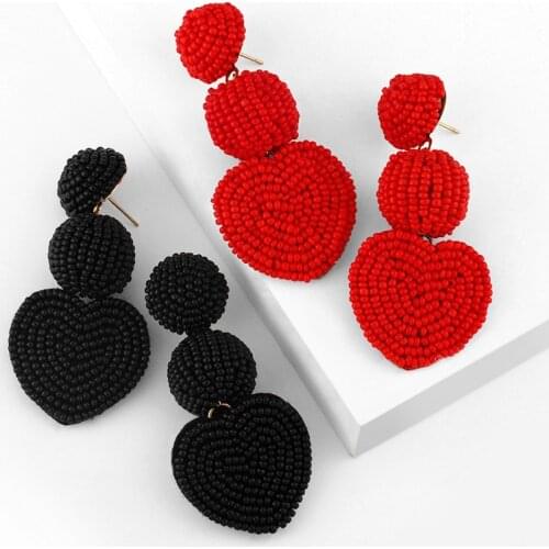FLOLA Handmade Big Beads Earrings For Women Boho Heart Beaded Drop Earrings Hanging Wholesale Bohemian Jewelry oorbellen ersq20