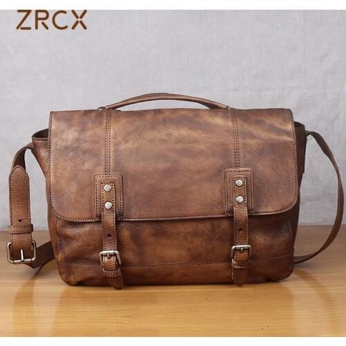 ZRCX Vintage Men Shoulder Bag Genuine Leather Crossbody Brown Casual Handbag Tote Classic Messenger 13 Inch Laptop Bags
