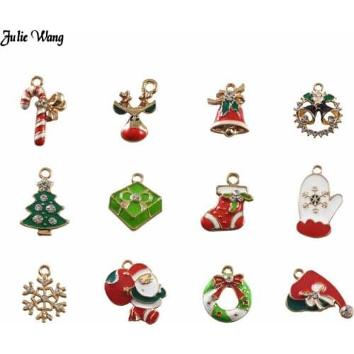12pcs Gold Tone Christmas Stocking Tree Charms Elk Bell Santa Claus Enamel Pendant For Bracelet DIY Xmas Decor Accessory