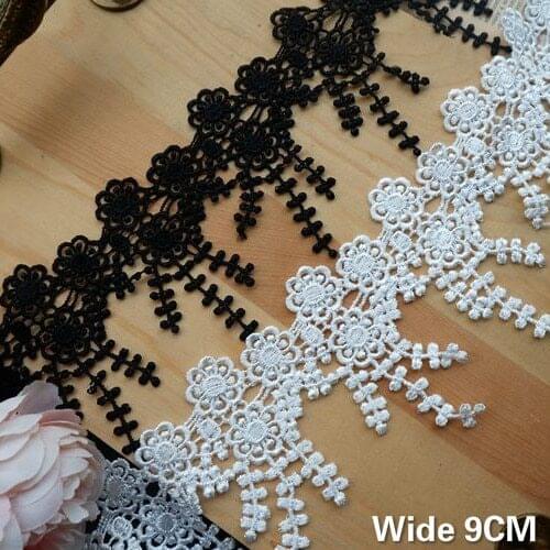 9CM Wide White Black Embroidered Flowers 3d Tassel Lace Fabric Fringe Ribbon Collar Dress Trim DIY Sewing Wedding Clothing Decor