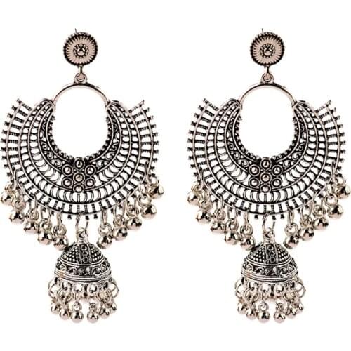 2020 Ethnic Womens Big Round Silver Color Drop Earrings Jhumka Indian Earrings Vintage Flower Lantern Tassel Tibetan Jewelry