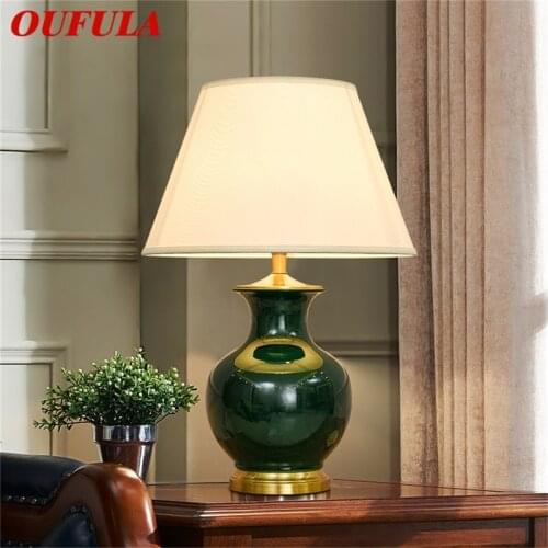 OUFULA Ceramic Table Lamps Green Luxury Brass Desk Light Fabric for Home Living Room Dining Room Bedroom Office