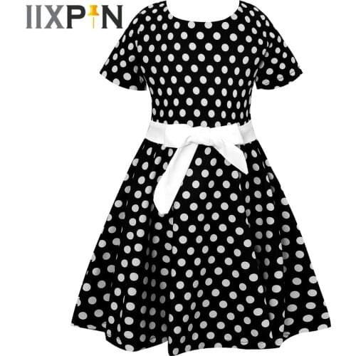 Classic Polka Dot Girls Dress for 50s Theme Party Dress Up Girls Slim Dress with Sash Childrens Short Sleeves Casual Dress