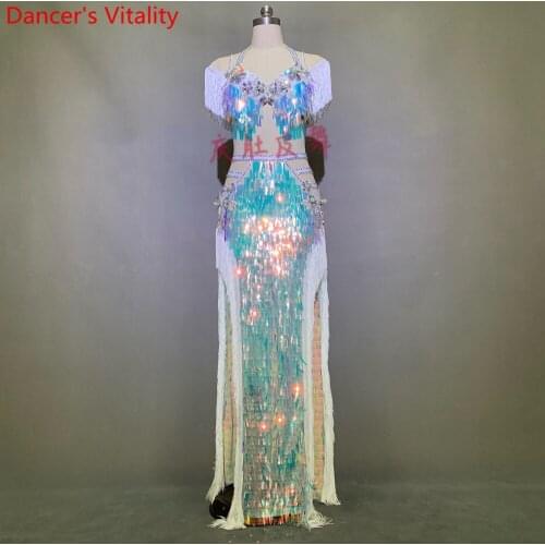 Belly Dance Competition Outfits Customized Shiny Sequin Tassel Bra Long Skirt Set Oriental Indian Drum Dancing Performance Suit