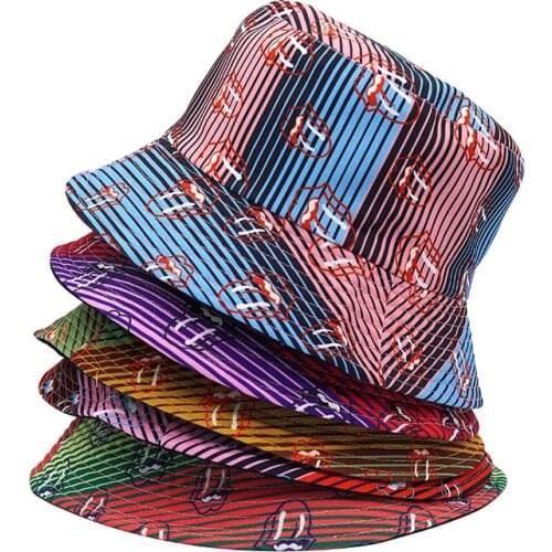 Summer Colorful Tongue Striped Print Bucket Hat for Men Women Cotton Reversible Bob Panama Sun Hat Beach Fisherman Hat Female