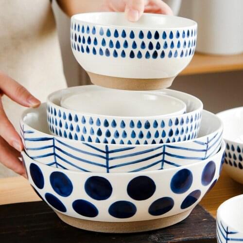 LingAo Japanese Nordic rough pottery blue colored raindrop bowl household rice bowl soup bowl creative tableware Japanese ramen