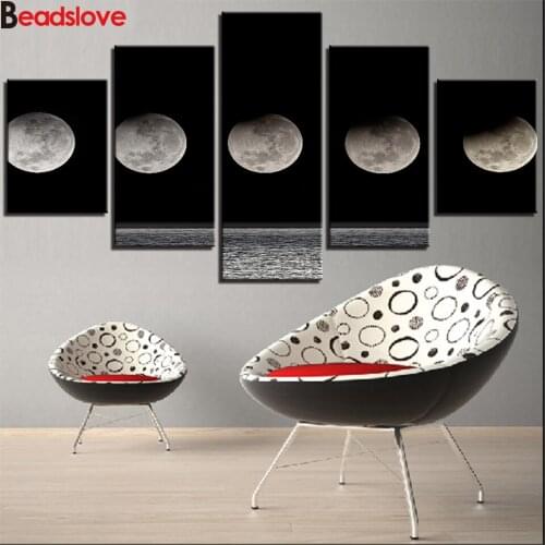 Moon and Sea at Night Modern 5d diy diamond painting 5 Pieces diamond mosaic full diamond embroidery sale multi panel wall decor