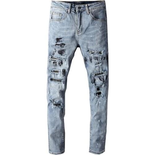 New Mens streetwear crystal ink painted ripped jeans Fashion light blue holes skinny stretch denim pencil pants trousers 626