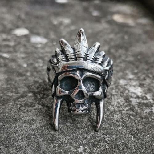Punk Silver Color Stainless steel Skull Ring Mens Hip Hop Indian Chief Biker Rings Jewelry