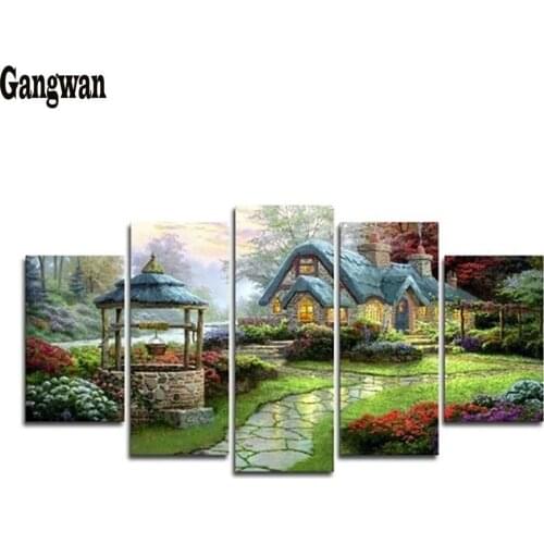 5 Panel House Paintings Scenery DIY diamond painting cross stitch full mosaic diamond embroidery villa 5D handmade home decor