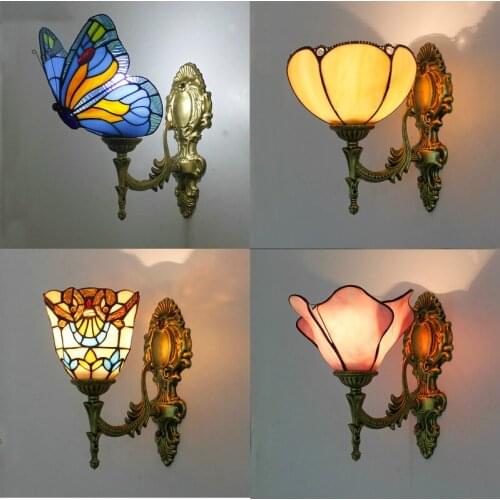 Tiffany European Style Wall Lamp Bedroom Aisle Corridor Bathroom Stained Glass Lampshade Butterfly Wall Lamp Mirror Front Lamp