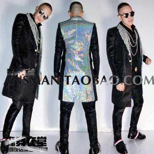 Nightclub male DJ male singer with the same paragraph silver colorful glitter long stitching suit jacket costume