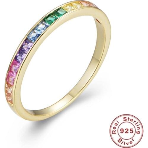 CCFJOYAS Europen and American 100% S925 Sterling Silver Micro Inlaid Square Rainbow Zircon Wedding Ring Women Fashion Rings